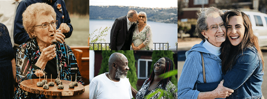 A banner made up of a collection of photos, showing happy older and younger people